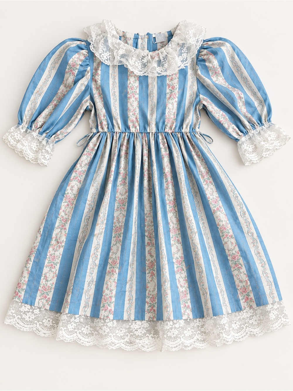 Vintage Nannette Girls Blue Floral Striped Lace Dress Size 6X